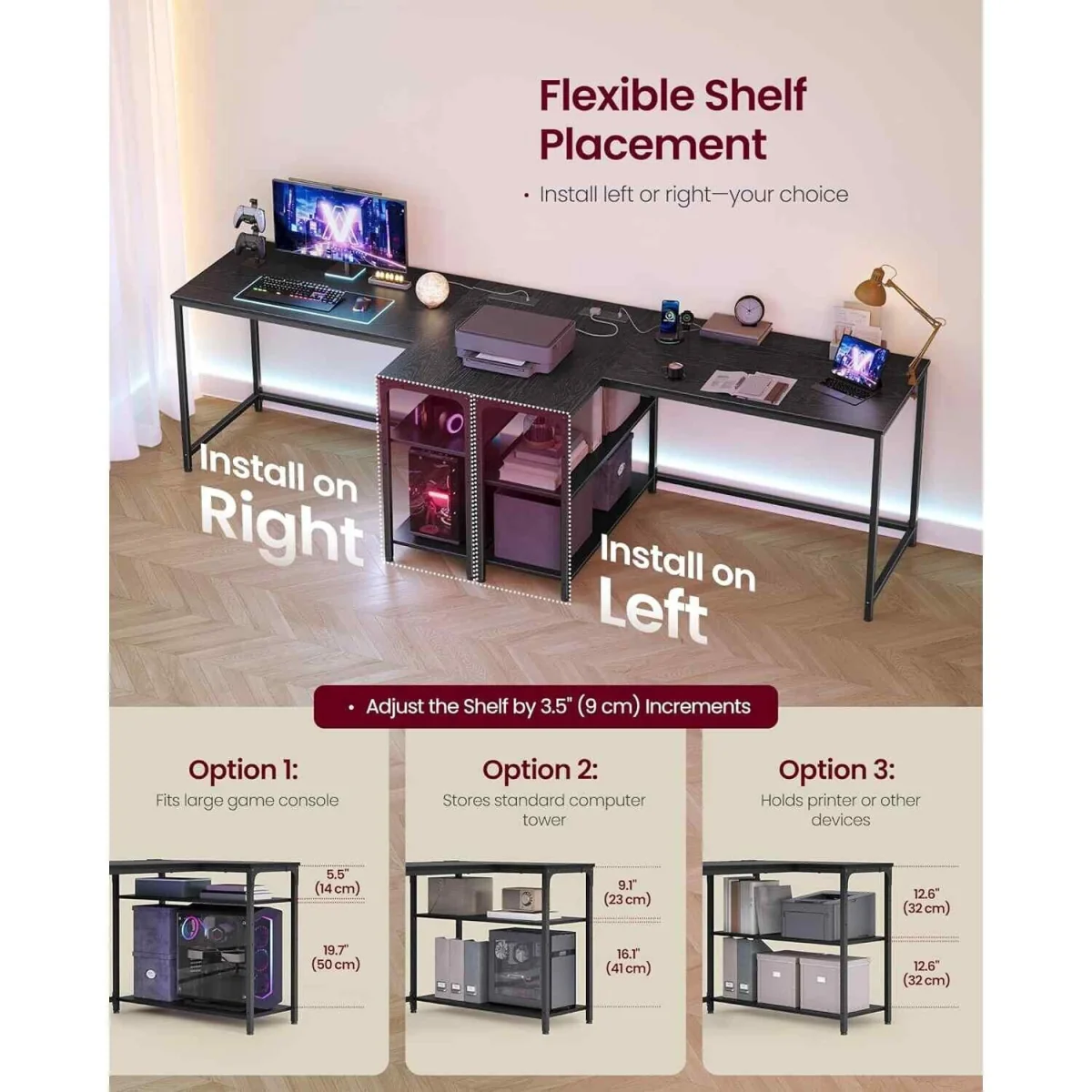 L Shaped Computer Desk with Power Outlets, Black - Ebony Black – image 7