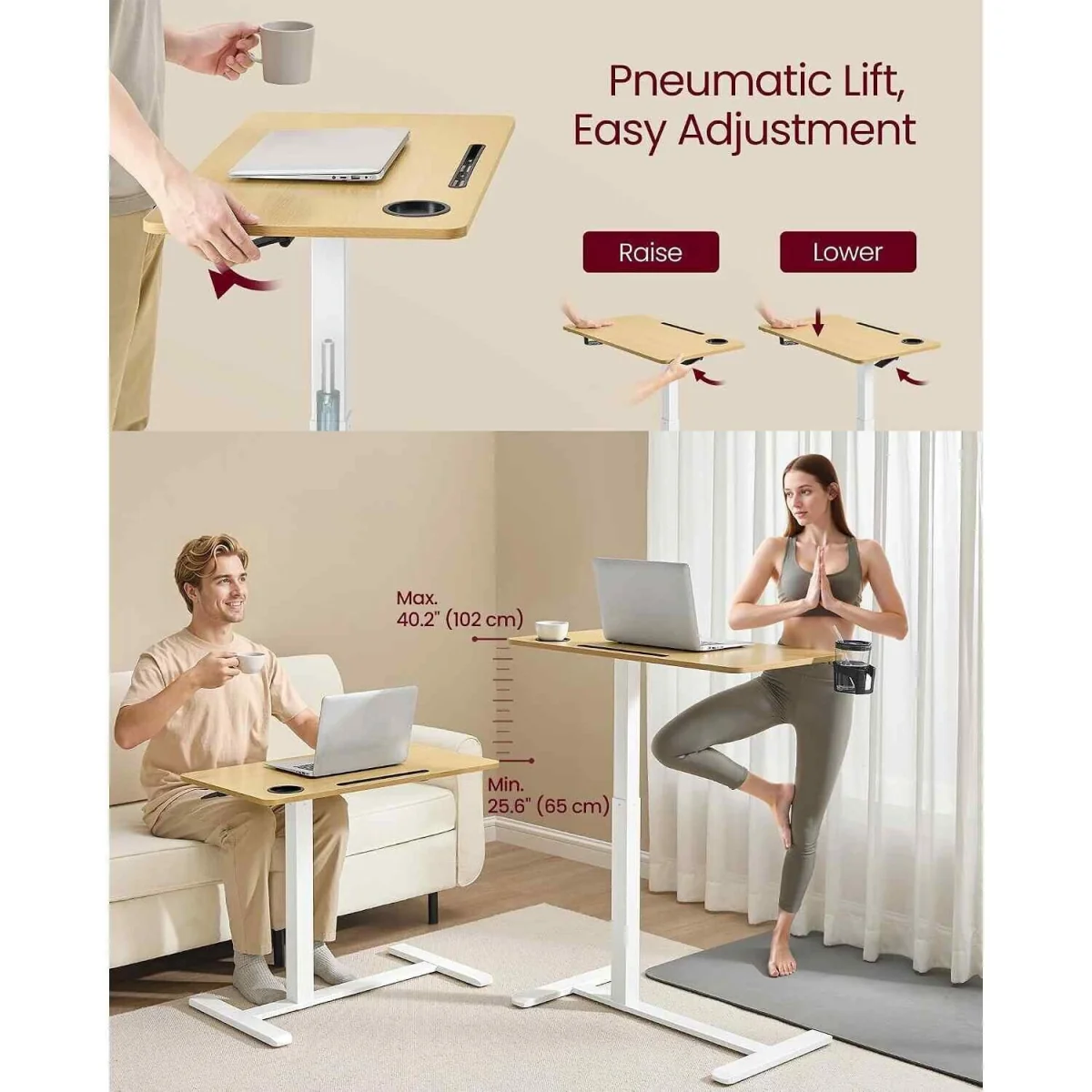Mobile Overbed Desk Adjustable Wheels, Oak - Golden Oak – image 2