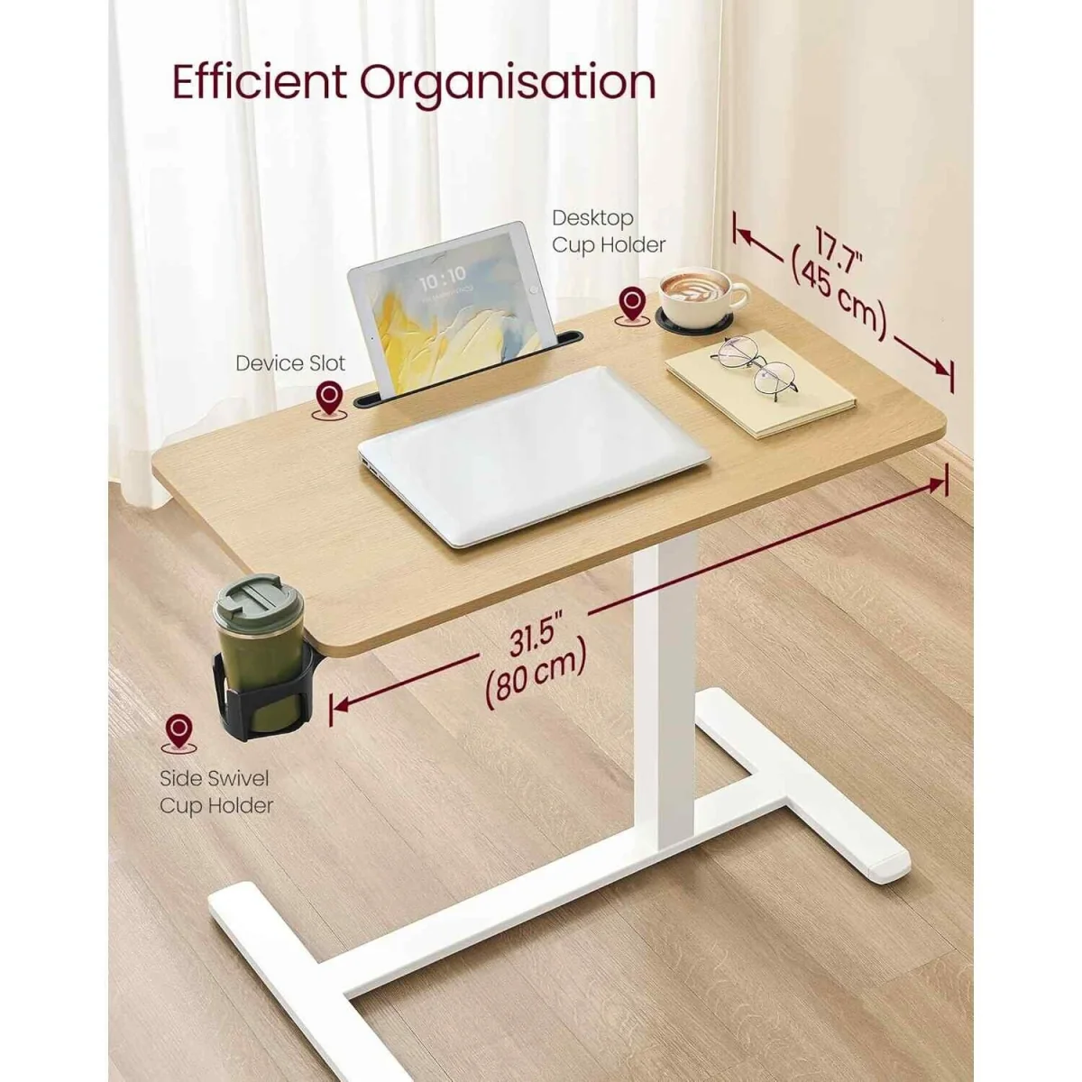 Mobile Overbed Desk Adjustable Wheels, Oak - Golden Oak – image 5