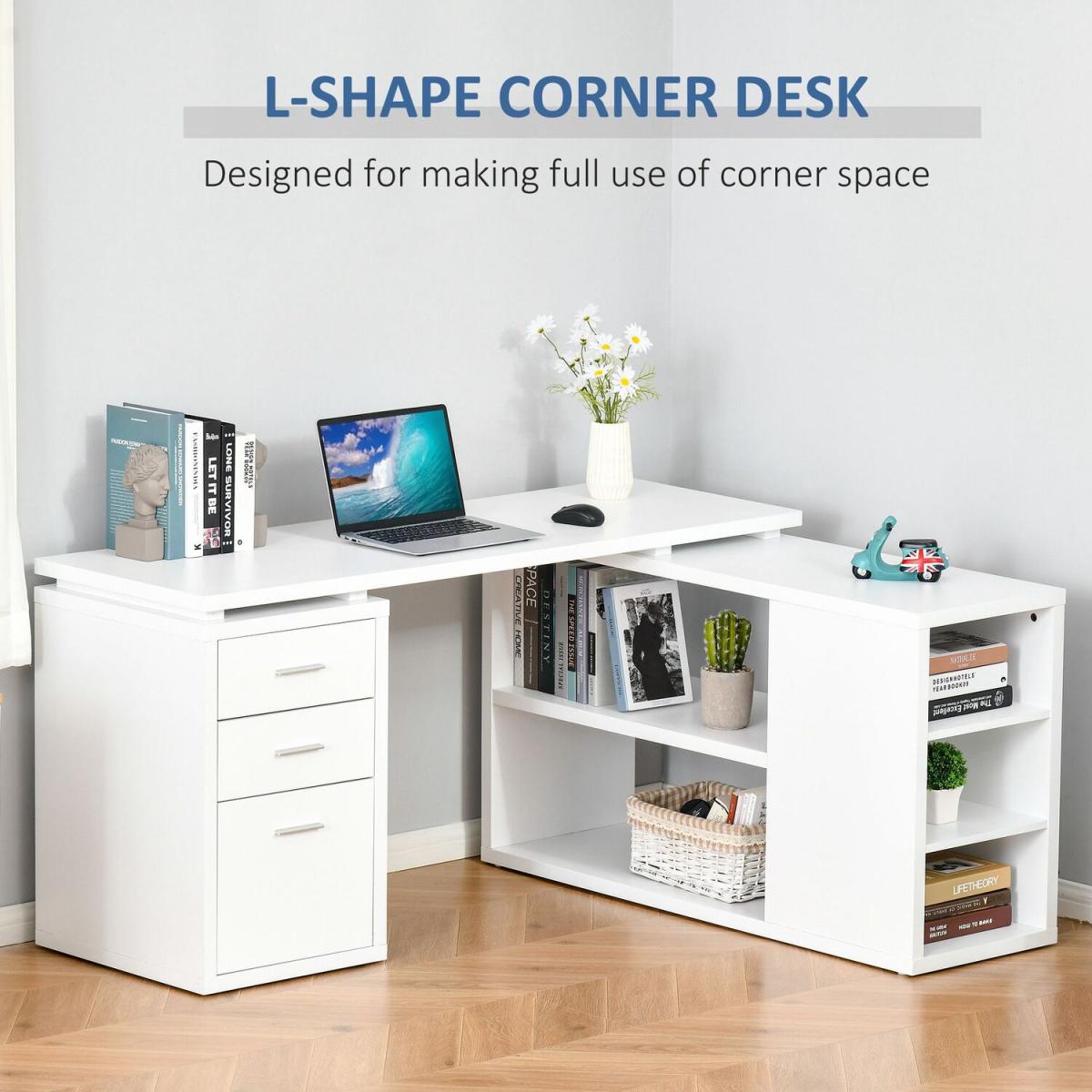 Home Office L-Shaped Computer Desk with Storage Shelves Drawers - White – image 3