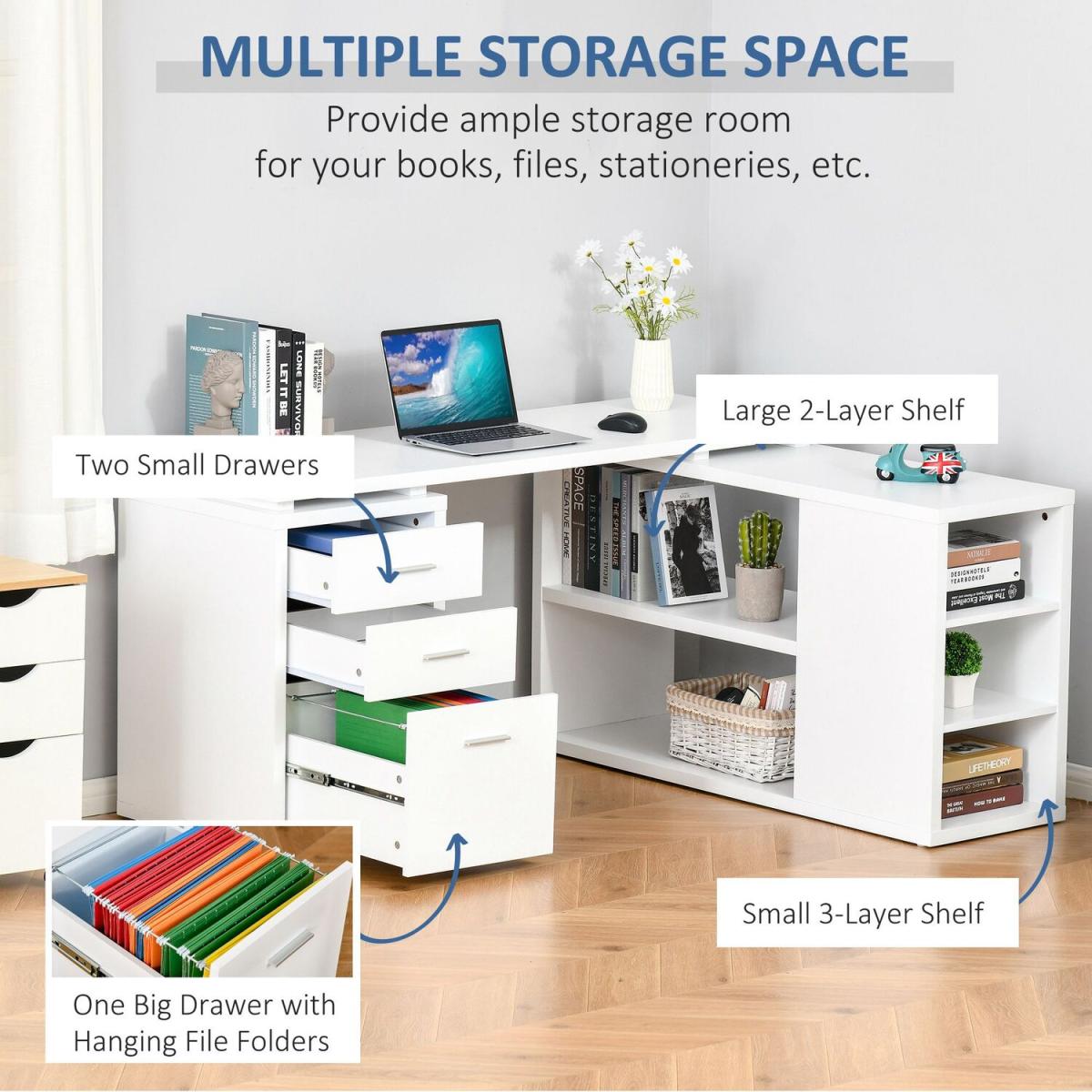 Home Office L-Shaped Computer Desk with Storage Shelves Drawers - White – image 5