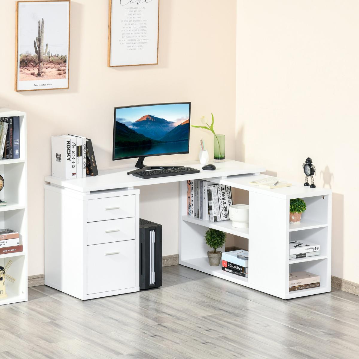 Home Office L-Shaped Computer Desk with Storage Shelves Drawers - White – image 8