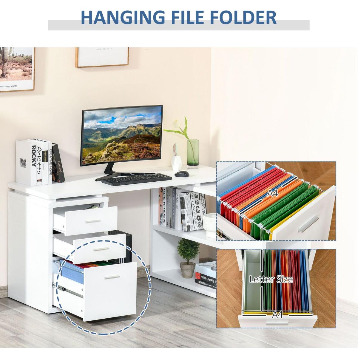 Home Office L-Shaped Computer Desk with Storage Shelves Drawers - White – image 9