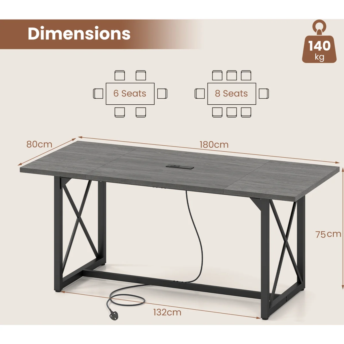 180 CM Conference Table with Power Outlets - Grey – image 6