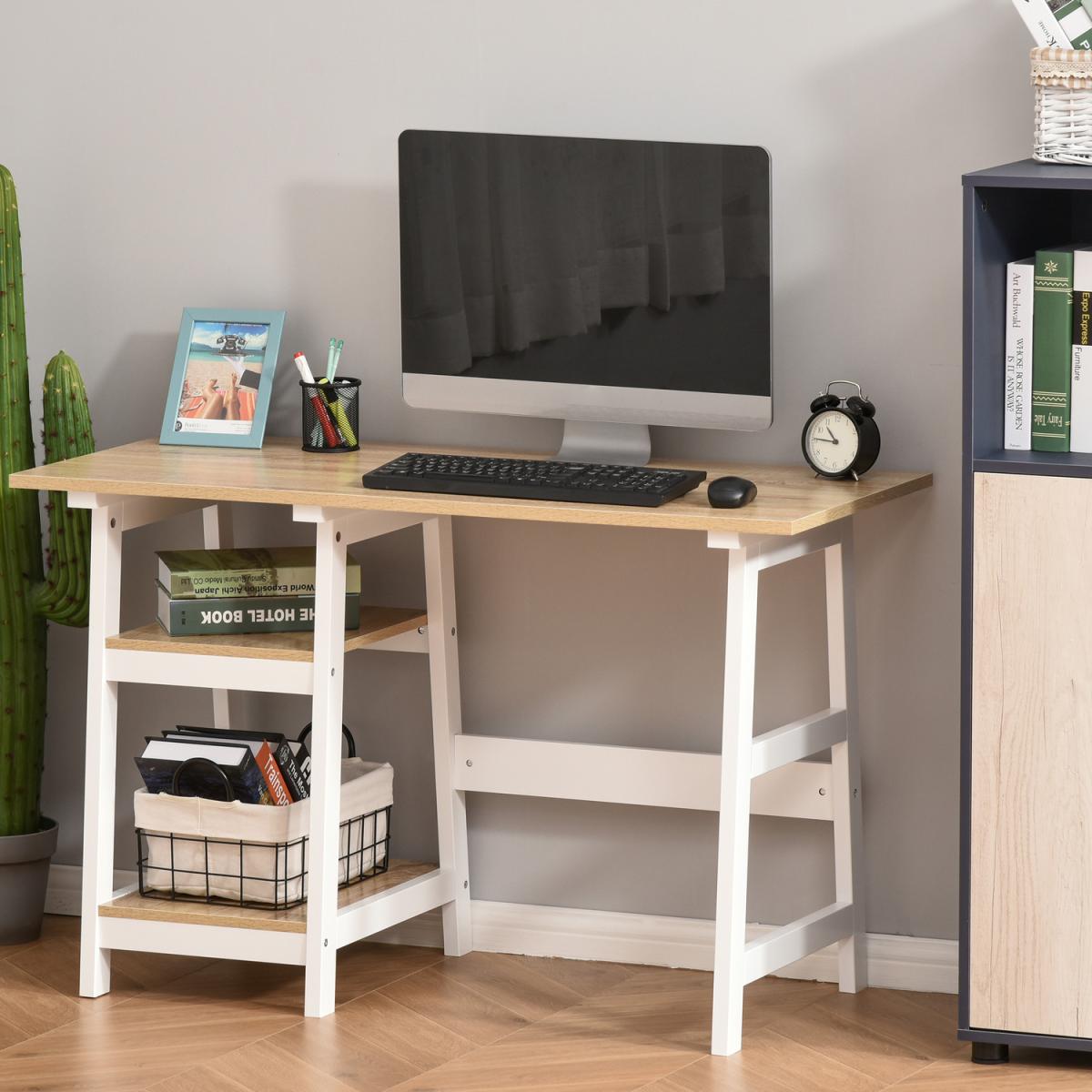Compact Computer and Writing Desk with Shelf - Natural Wood Color – image 7