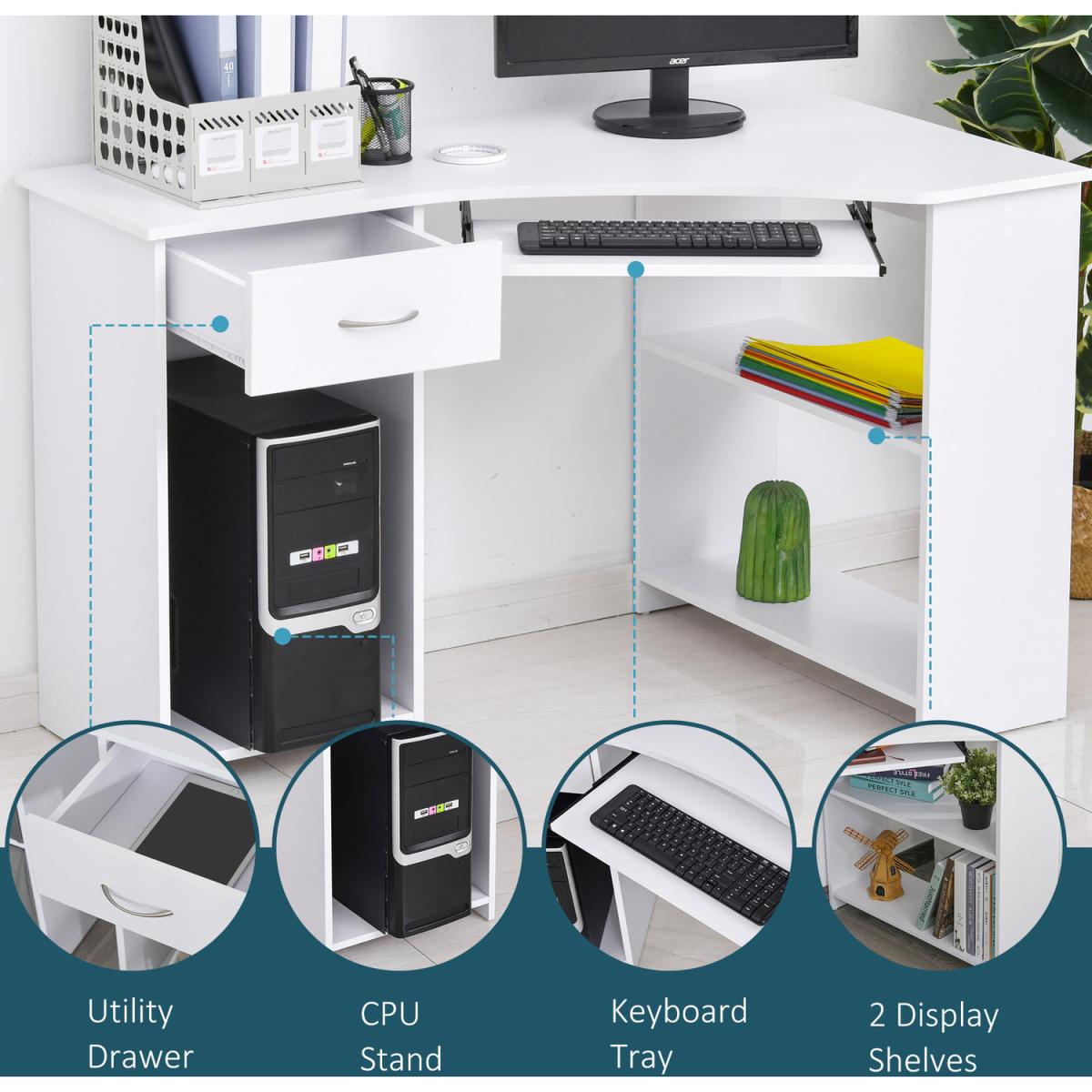 L Shaped Corner Computer Desk with 2 Shelves - White – image 6