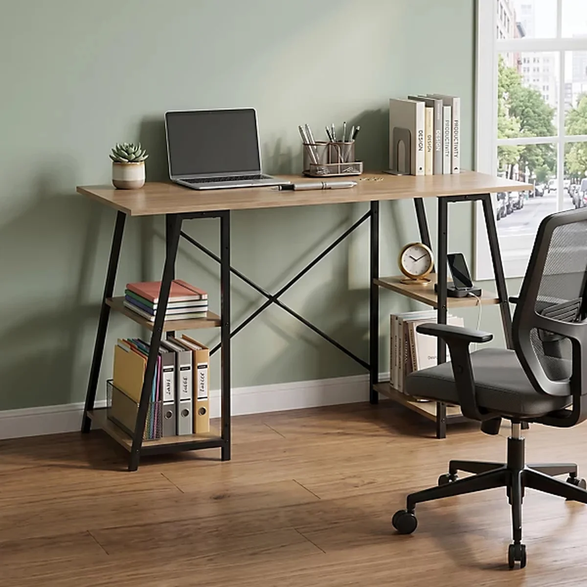 Computer Desk with Shelves for Home Office - Oak – image 2