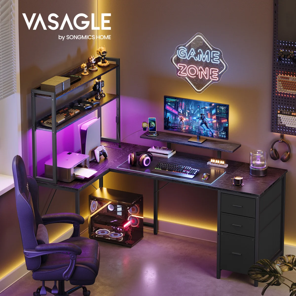 VASAGLE L-Shaped Computer Desk with LED Lights, Power Outlets and 3 Drawers - Black – image 2