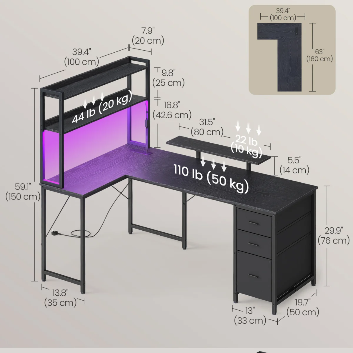 VASAGLE L-Shaped Computer Desk with LED Lights, Power Outlets and 3 Drawers - Black – image 6