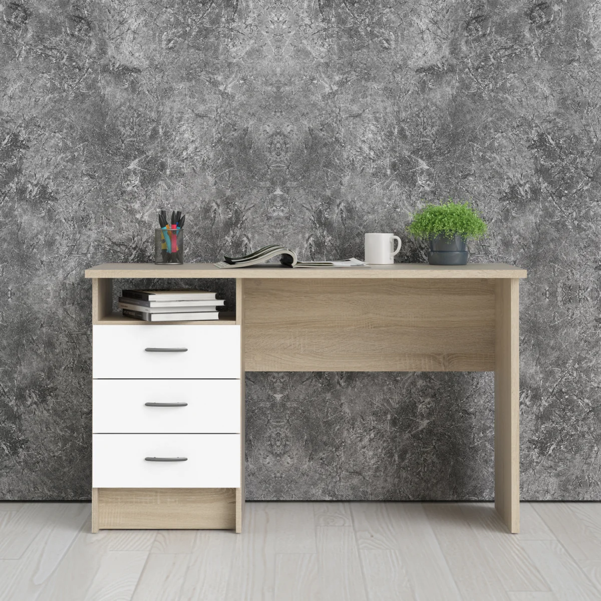 Function Plus Oak Desk 3 White Drawers - White – image 6