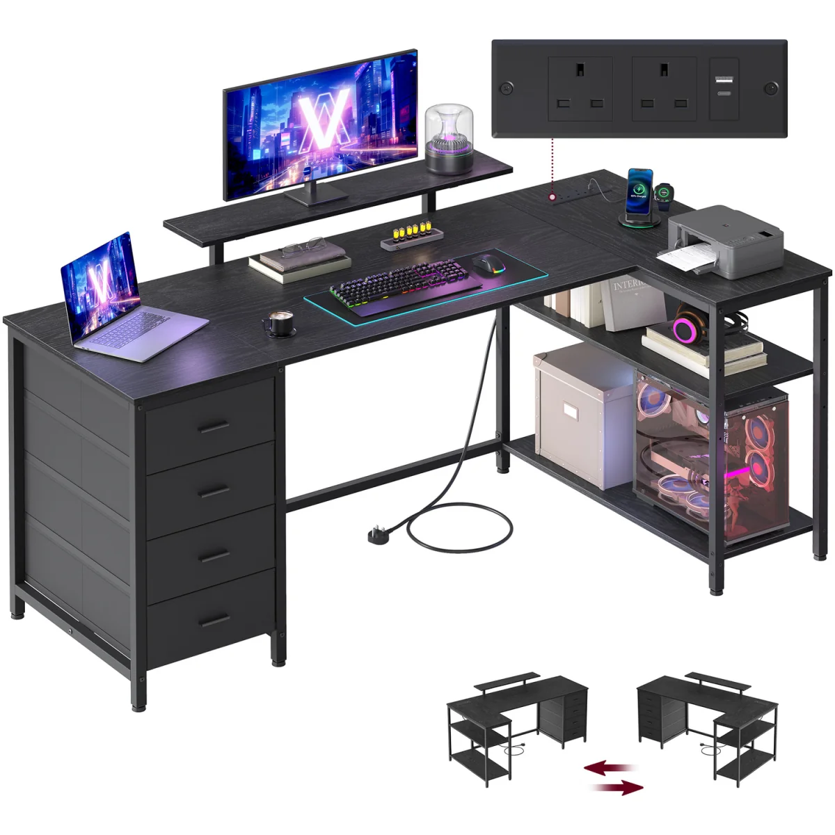L shaped computer desk with power outlets usb ports four drawers - Black – image 2