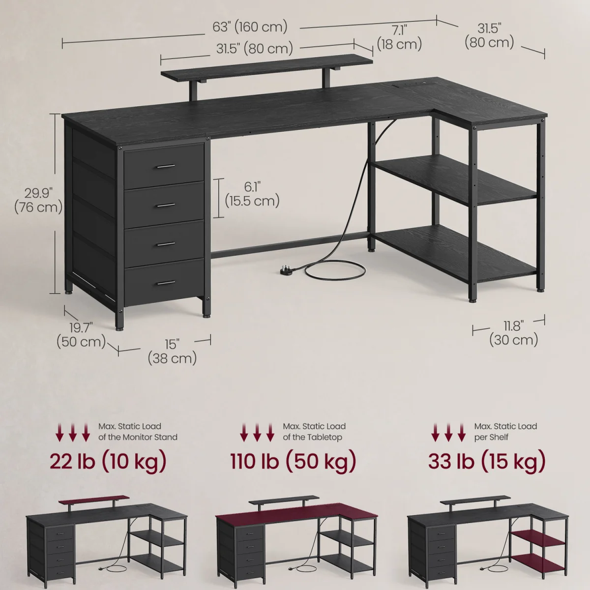 L shaped computer desk with power outlets usb ports four drawers - Black – image 3