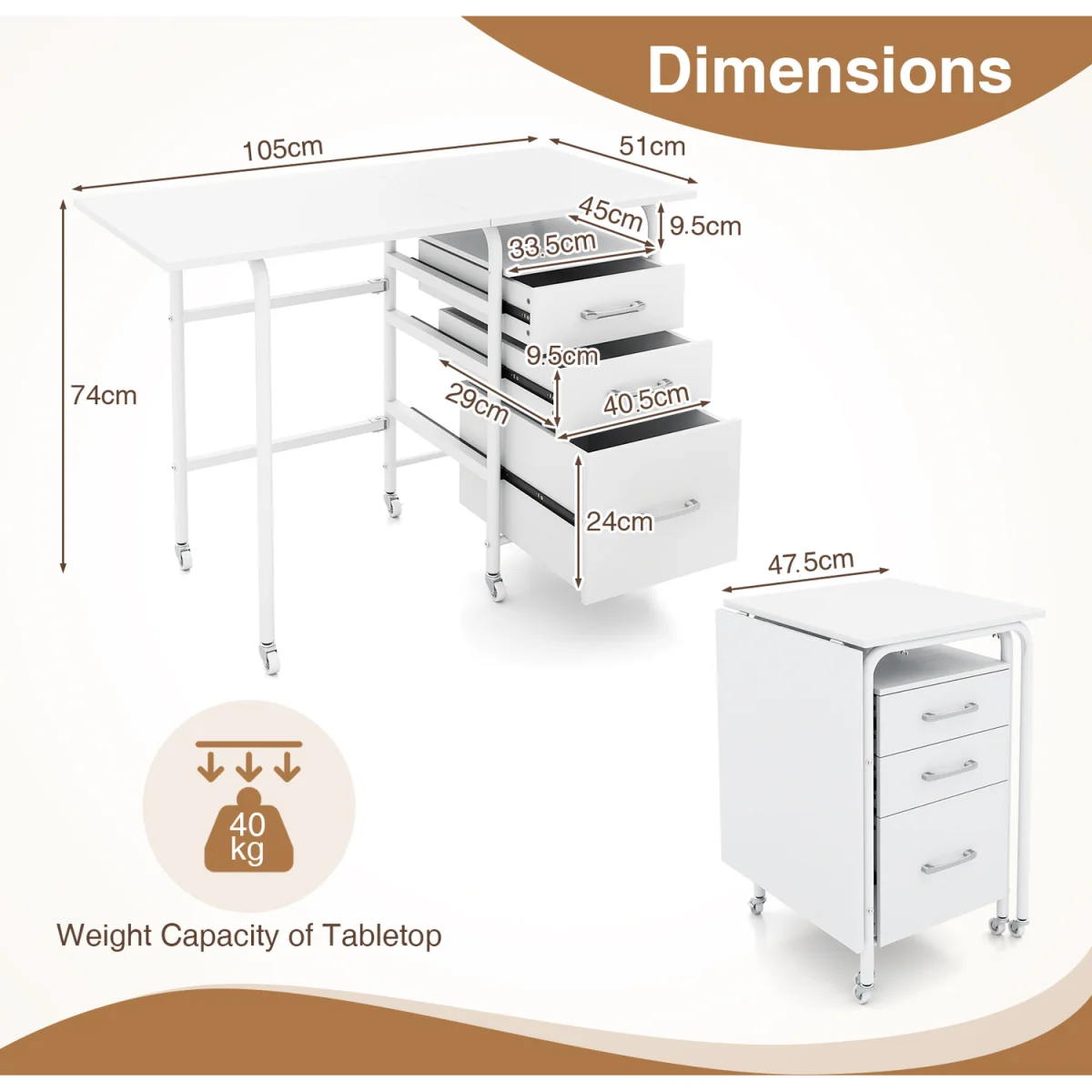 Convertible Folding Desk with Storage Drawers And Rolling Wheels-White - White – image 2