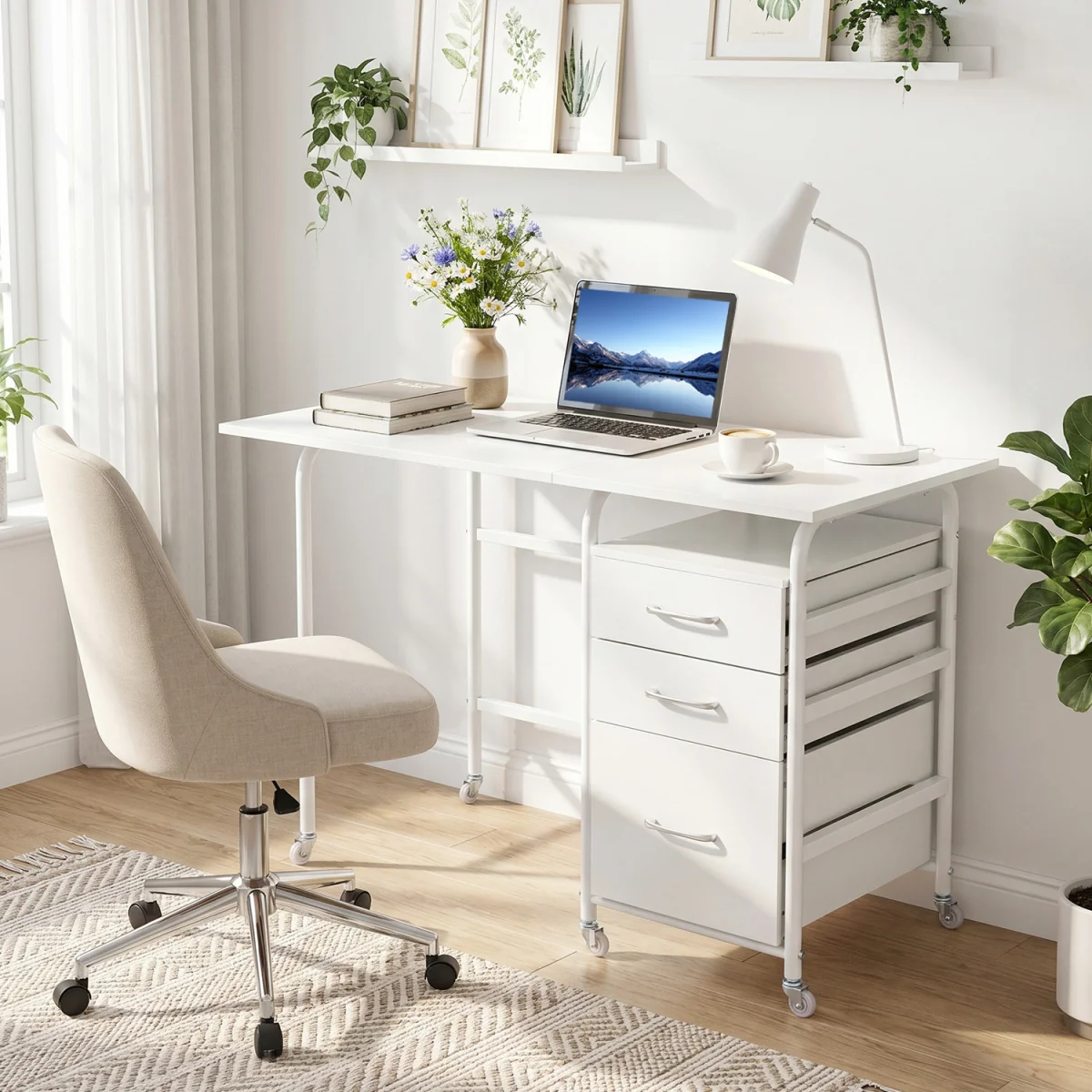 Convertible Folding Desk with Storage Drawers And Rolling Wheels-White - White – image 3