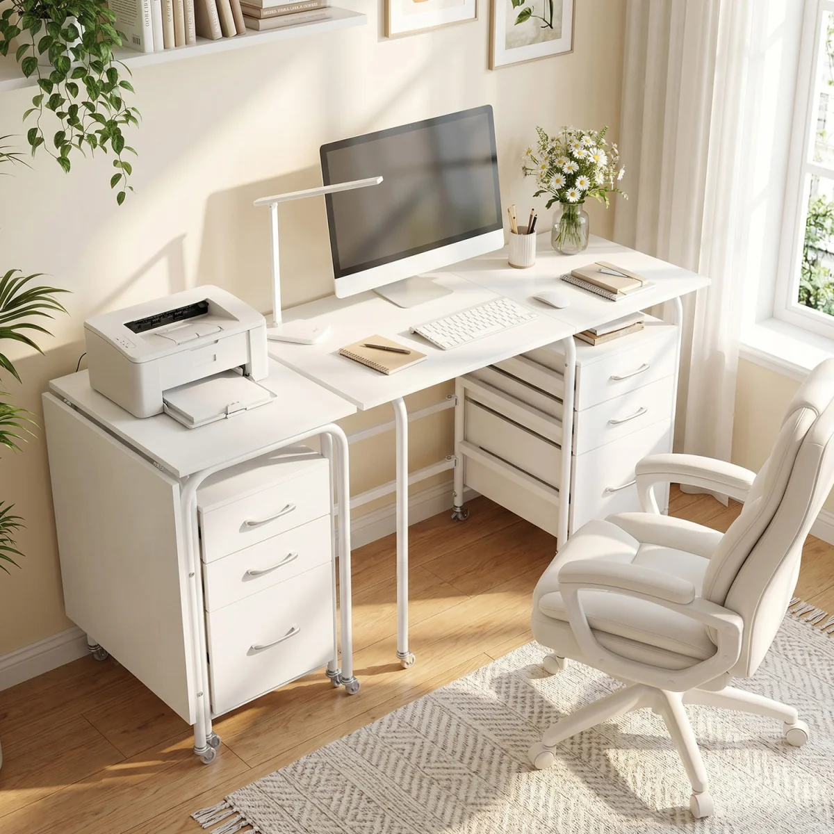 Convertible Folding Desk with Storage Drawers And Rolling Wheels-White - White – image 4