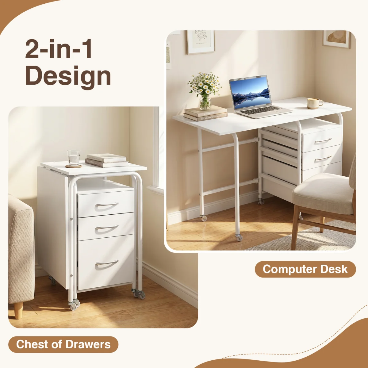 Convertible Folding Desk with Storage Drawers And Rolling Wheels-White - White – image 5