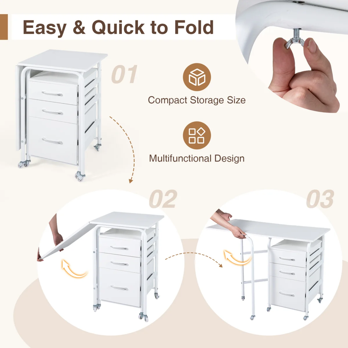 Convertible Folding Desk with Storage Drawers And Rolling Wheels-White - White – image 6