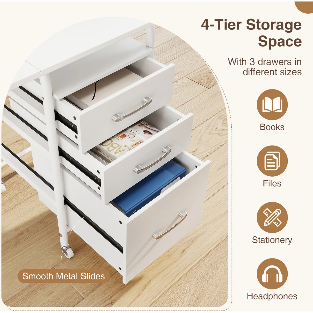 Convertible Folding Desk with Storage Drawers And Rolling Wheels-White - White – image 7