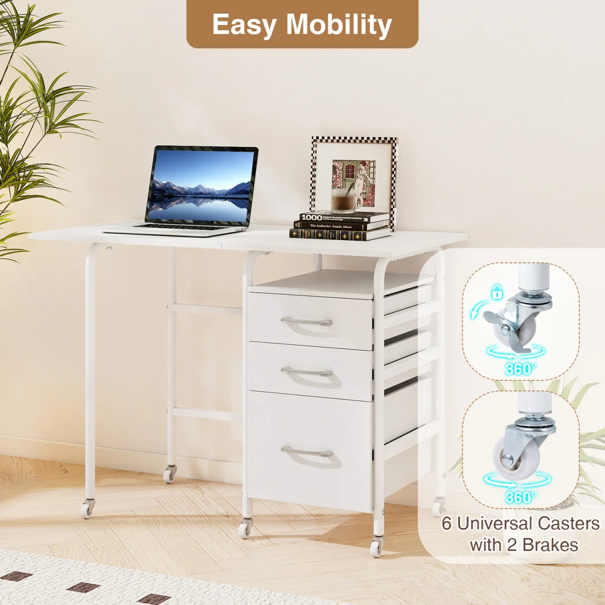 Convertible Folding Desk with Storage Drawers And Rolling Wheels-White - White – image 8