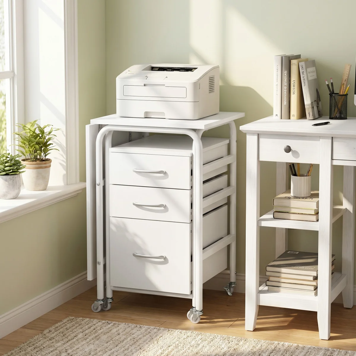 Convertible Folding Desk with Storage Drawers And Rolling Wheels-White - White – image 9