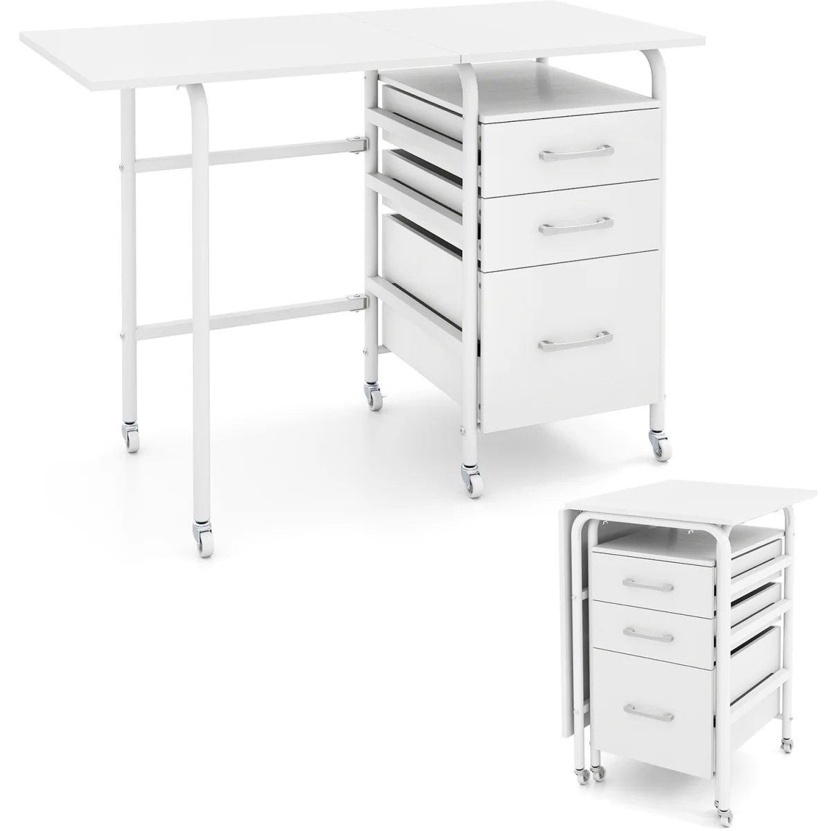 Convertible Folding Desk with Storage Drawers And Rolling Wheels-White - White – image 10