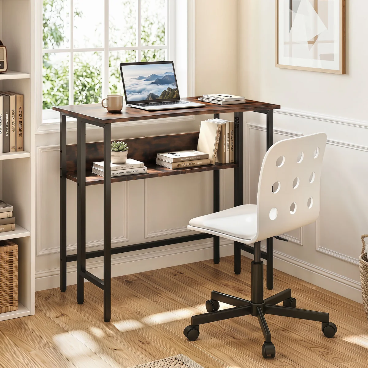 80 CM Small Folding Computer Desk with Storage Shelf - Brown – image 3
