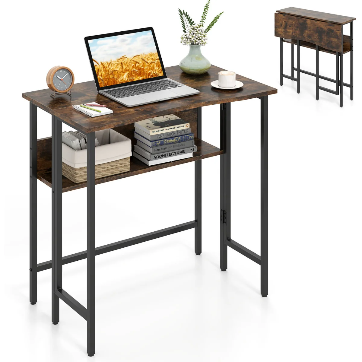 80 CM Small Folding Computer Desk with Storage Shelf - Brown – image 4