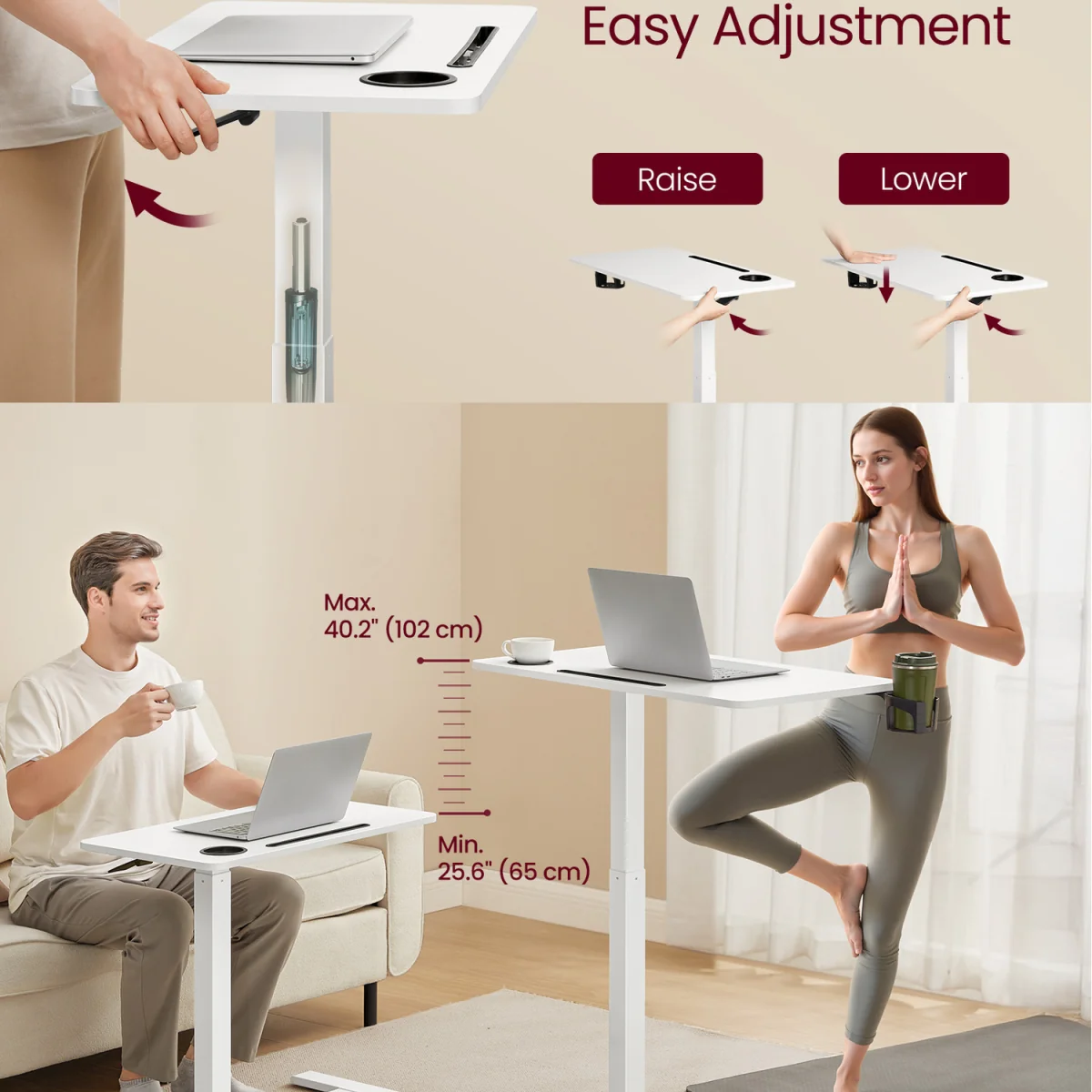 VASAGLE Overbed Table with Wheels, Small Standing Desk, 70 x 40 cm Tabletop - White – image 3
