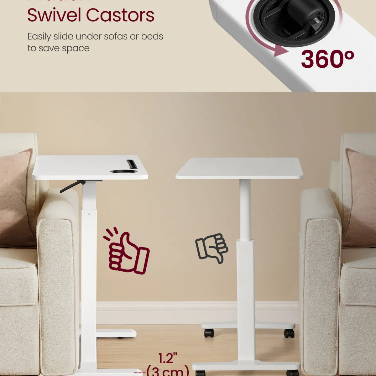VASAGLE Overbed Table with Wheels, Small Standing Desk, 70 x 40 cm Tabletop - White – image 4