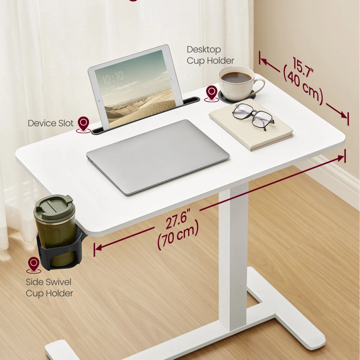 VASAGLE Overbed Table with Wheels, Small Standing Desk, 70 x 40 cm Tabletop - White – image 5