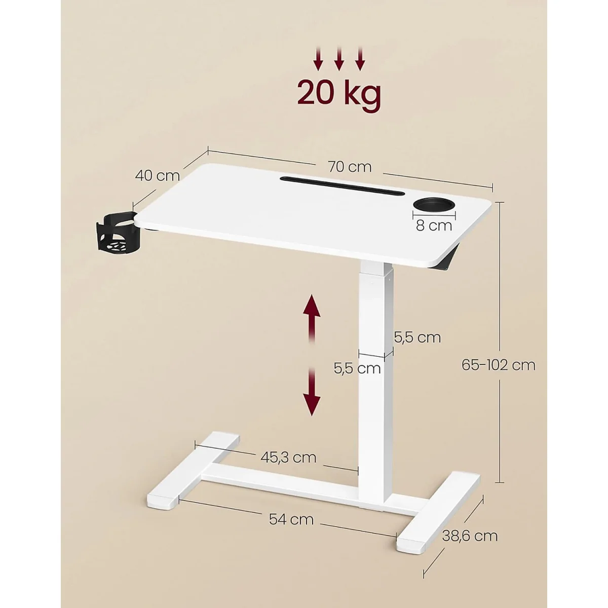 VASAGLE Overbed Table with Wheels, Small Standing Desk, 70 x 40 cm Tabletop - White – image 6