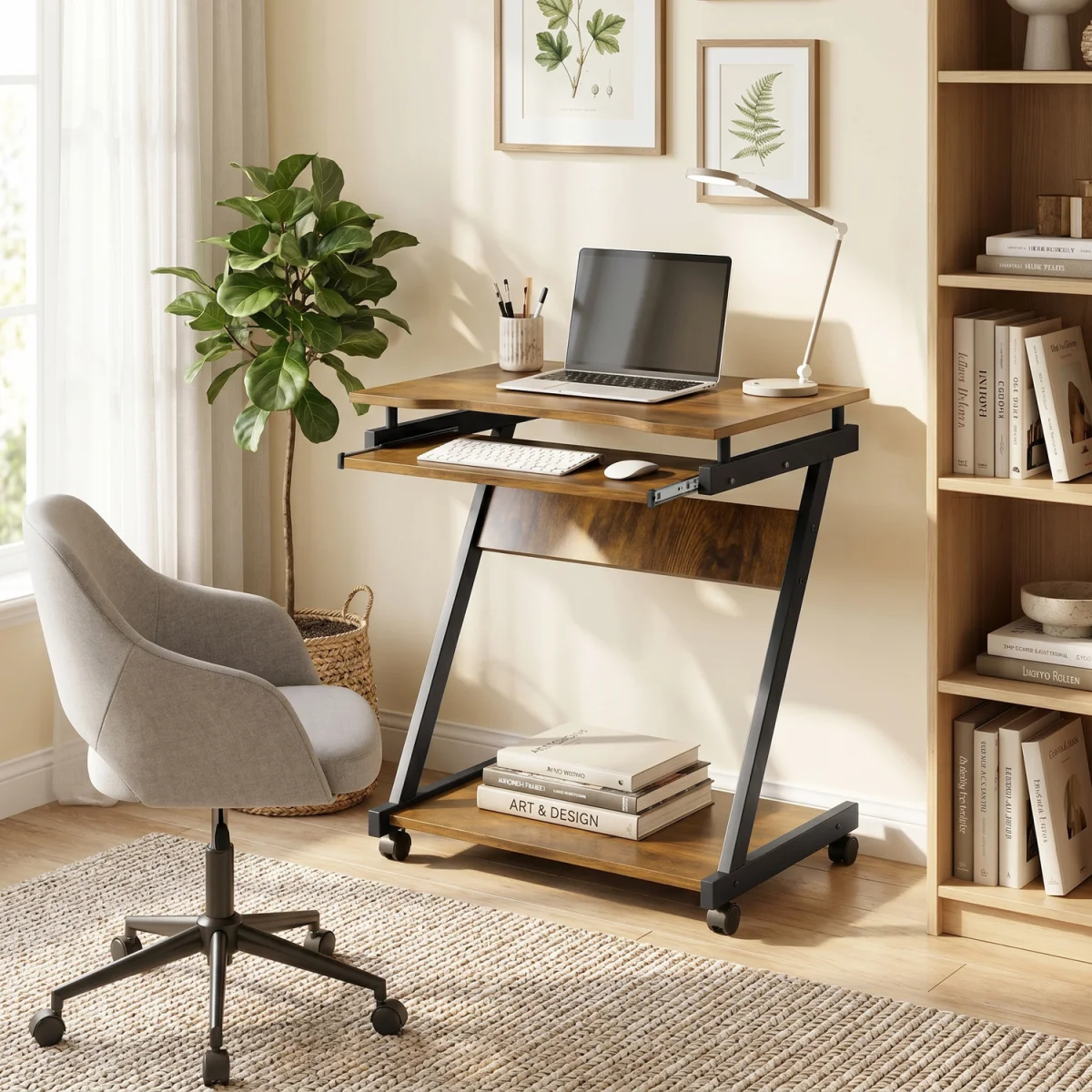 HOMCOM Movable Computer Desk with 4 Moving Wheels - Rustic Brown – image 2