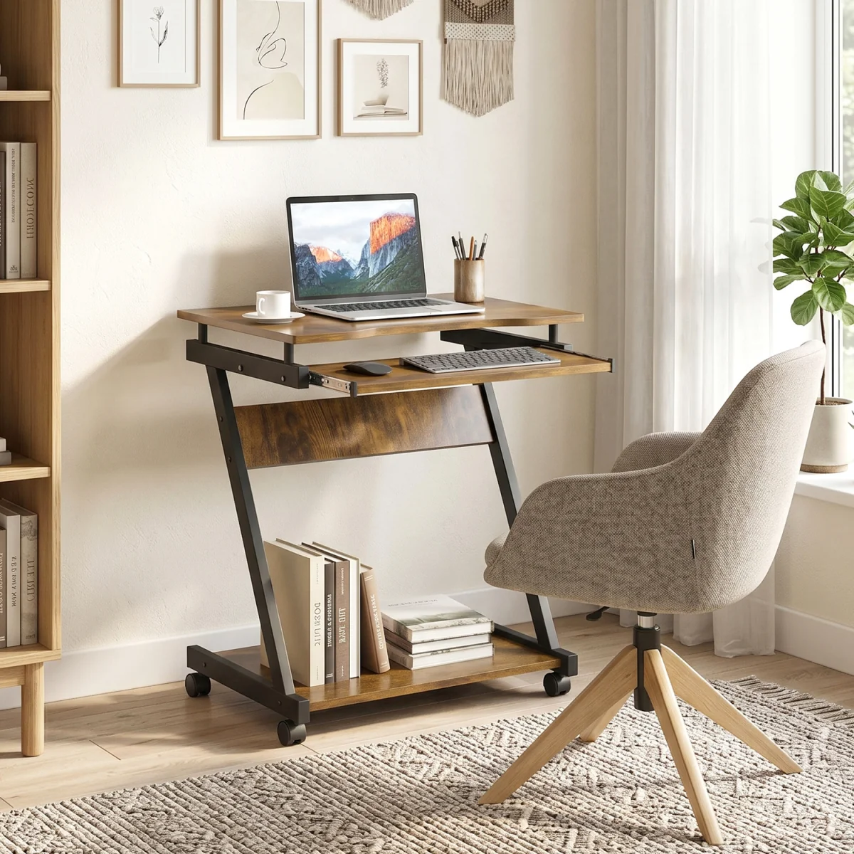 HOMCOM Movable Computer Desk with 4 Moving Wheels - Rustic Brown – image 3