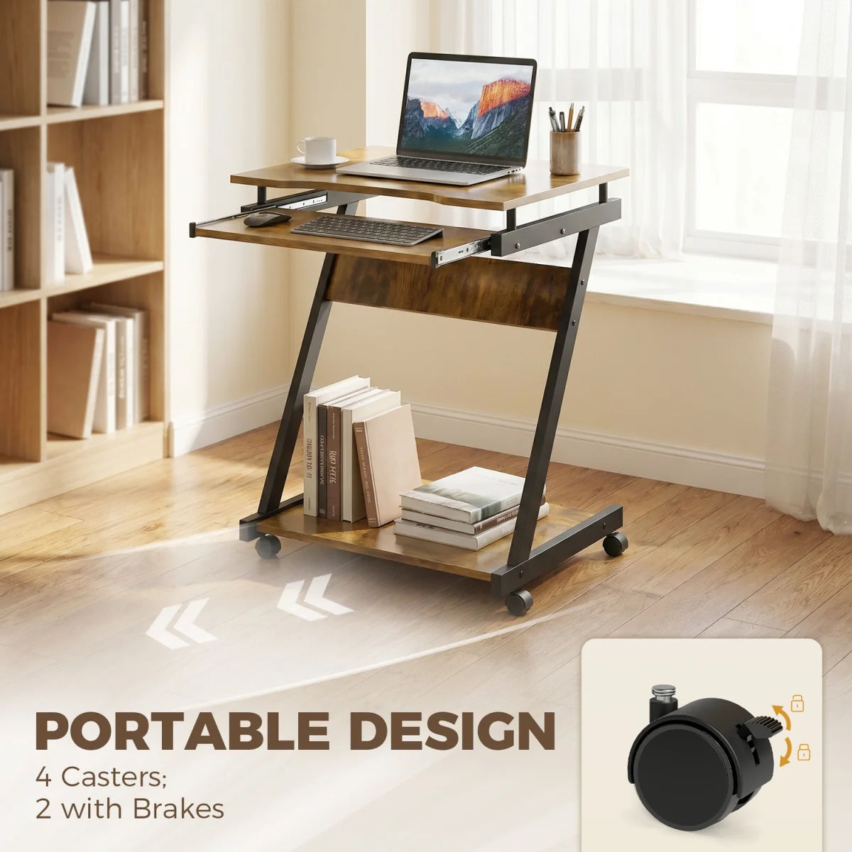 HOMCOM Movable Computer Desk with 4 Moving Wheels - Rustic Brown – image 5