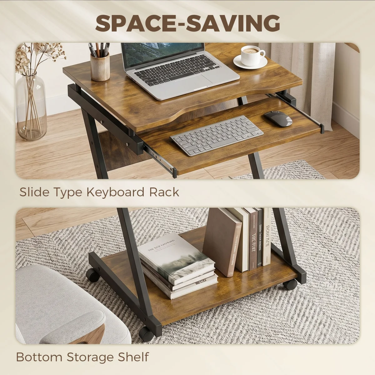 HOMCOM Movable Computer Desk with 4 Moving Wheels - Rustic Brown – image 6