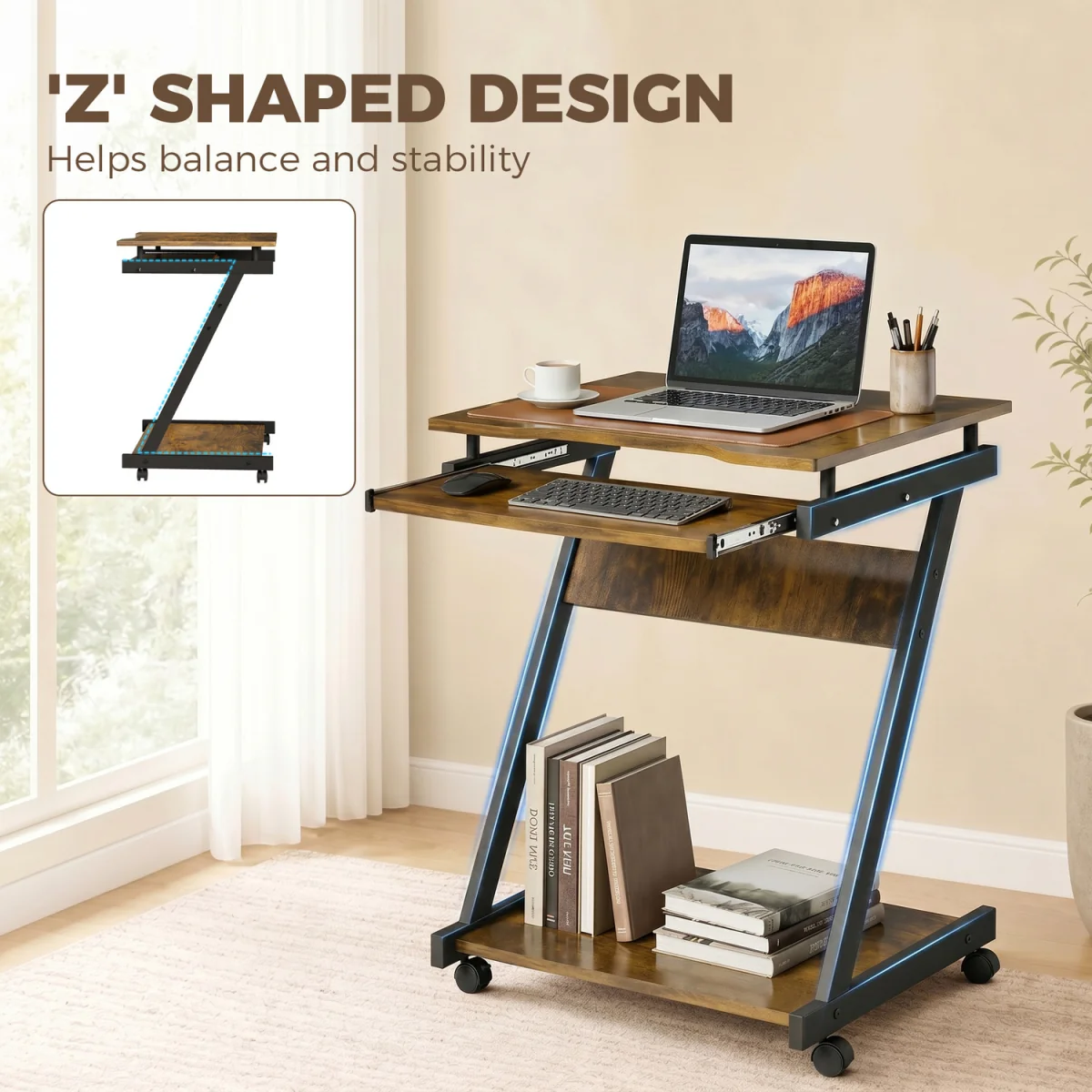 HOMCOM Movable Computer Desk with 4 Moving Wheels - Rustic Brown – image 7
