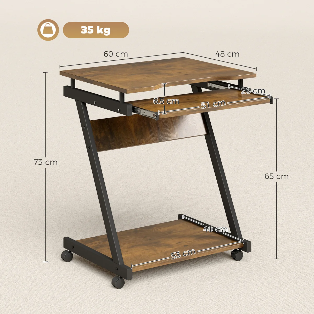 HOMCOM Movable Computer Desk with 4 Moving Wheels - Rustic Brown – image 8