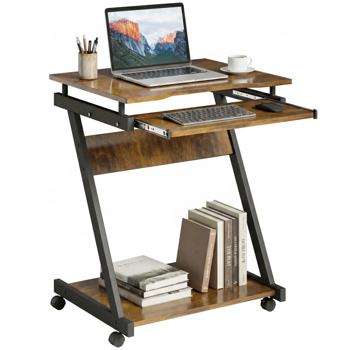HOMCOM Movable Computer Desk with 4 Moving Wheels - Rustic Brown – image 9