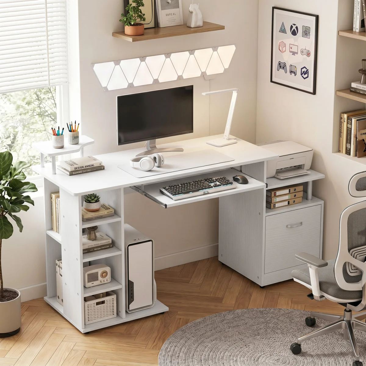 HOMCOM Wooden Computer Desk with Drawer and Shelf - White Wood Effect – image 2