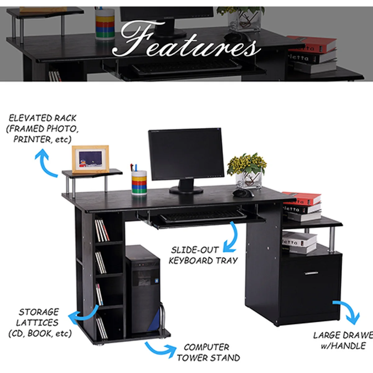 HOMCOM Wooden Computer Desk with Drawer and Shelf - White Wood Effect – image 12