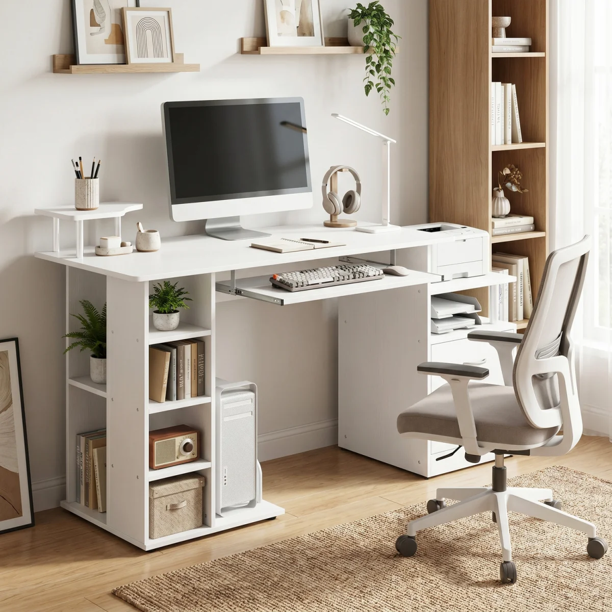 HOMCOM Wooden Computer Desk with Drawer and Shelf - White Wood Effect – image 3