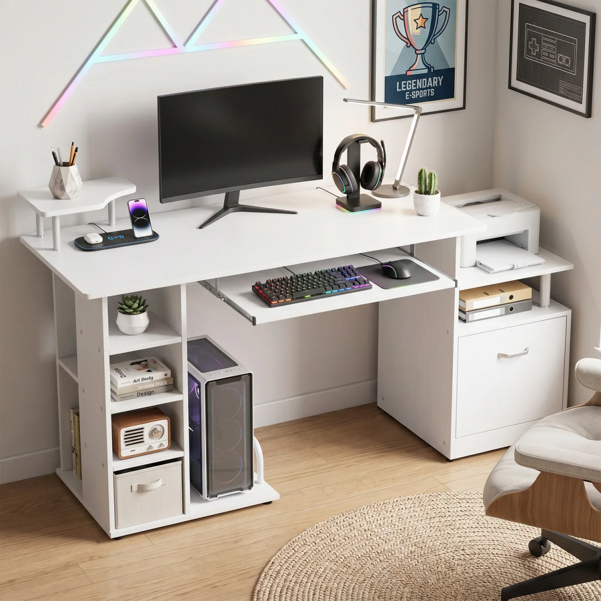 HOMCOM Wooden Computer Desk with Drawer and Shelf - White Wood Effect – image 4