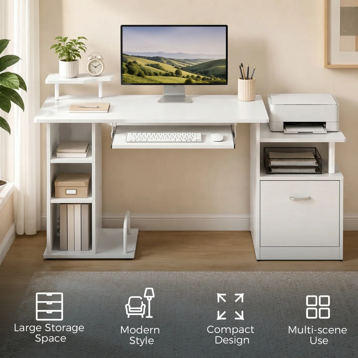 HOMCOM Wooden Computer Desk with Drawer and Shelf - White Wood Effect – image 5