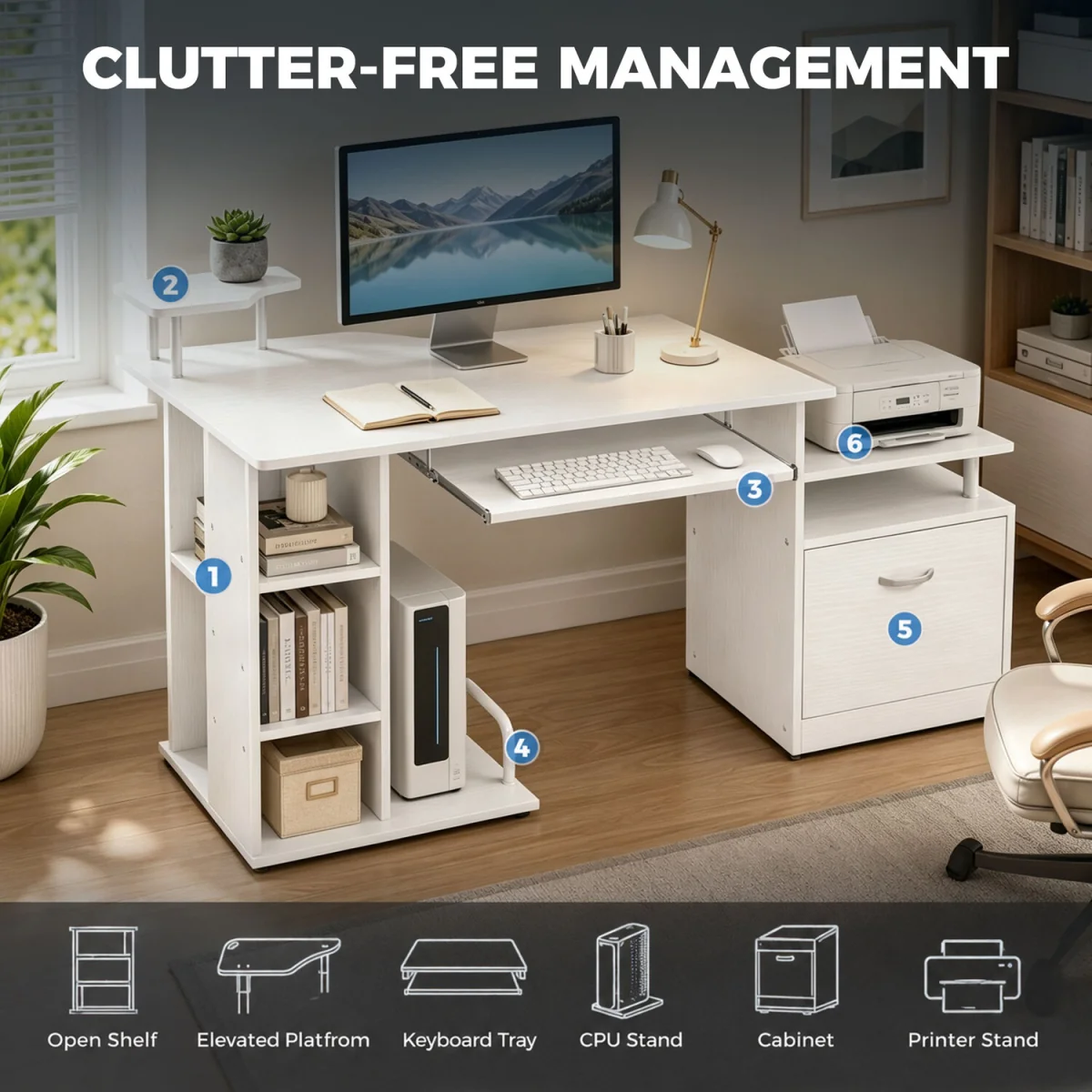 HOMCOM Wooden Computer Desk with Drawer and Shelf - White Wood Effect – image 7