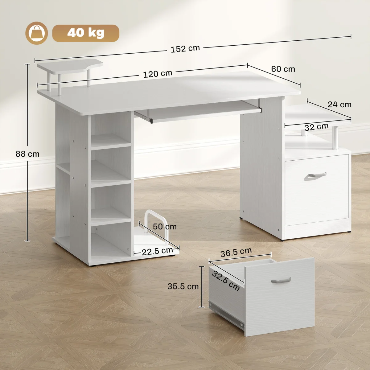 HOMCOM Wooden Computer Desk with Drawer and Shelf - White Wood Effect – image 8