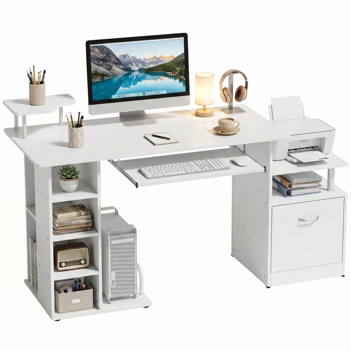 HOMCOM Wooden Computer Desk with Drawer and Shelf - White Wood Effect – image 9