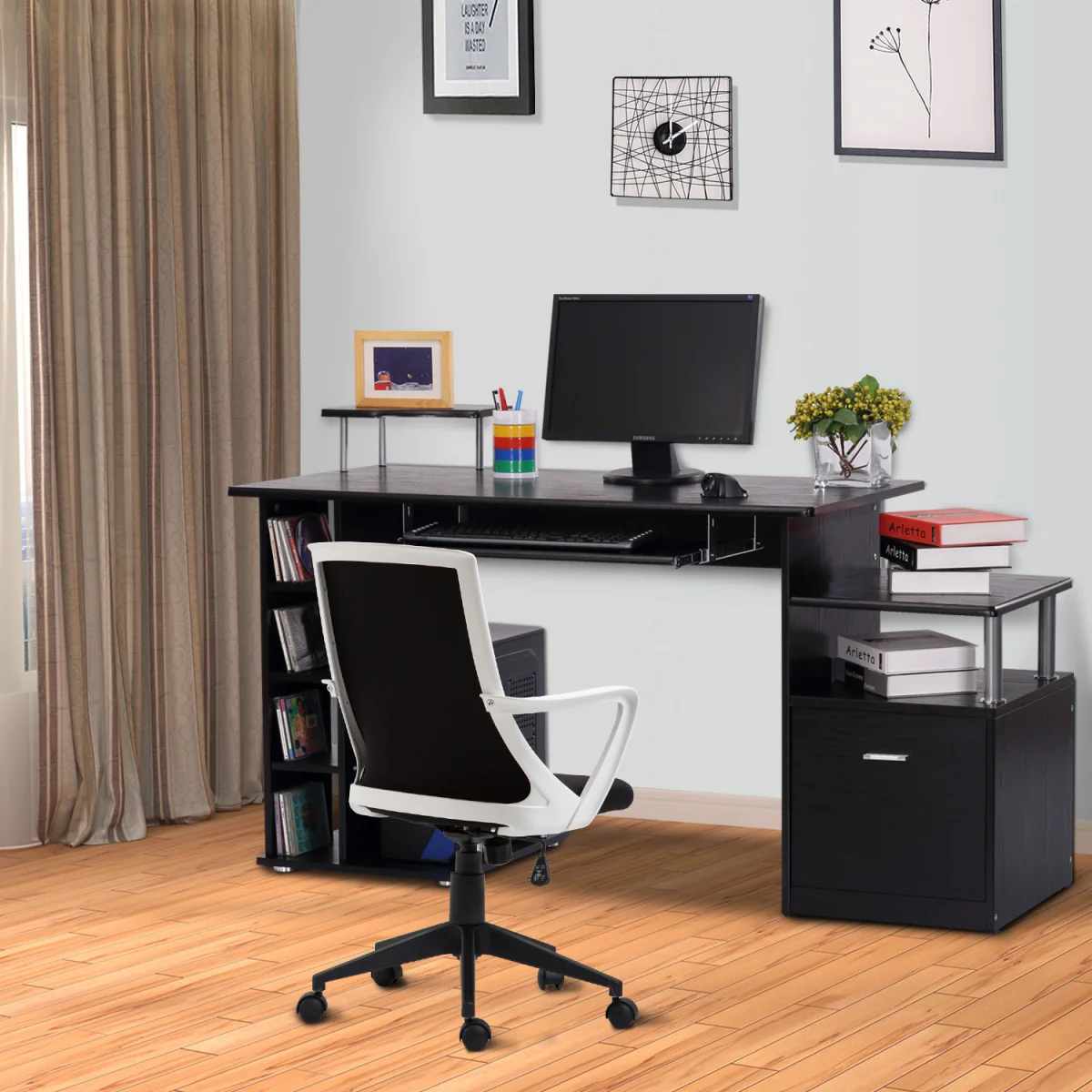 HOMCOM Wooden Computer Desk with Drawer and Shelf - White Wood Effect – image 10