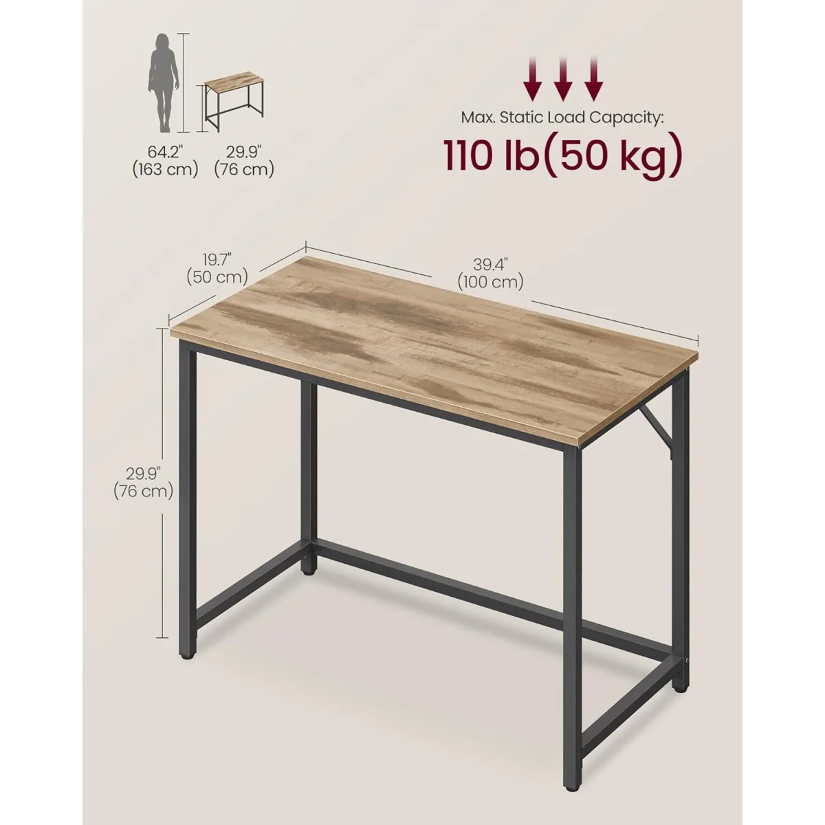 Small Space Study Desk with Compact Design, Modern Home Office Workstation - Camel Brown and Ink Black – image 3