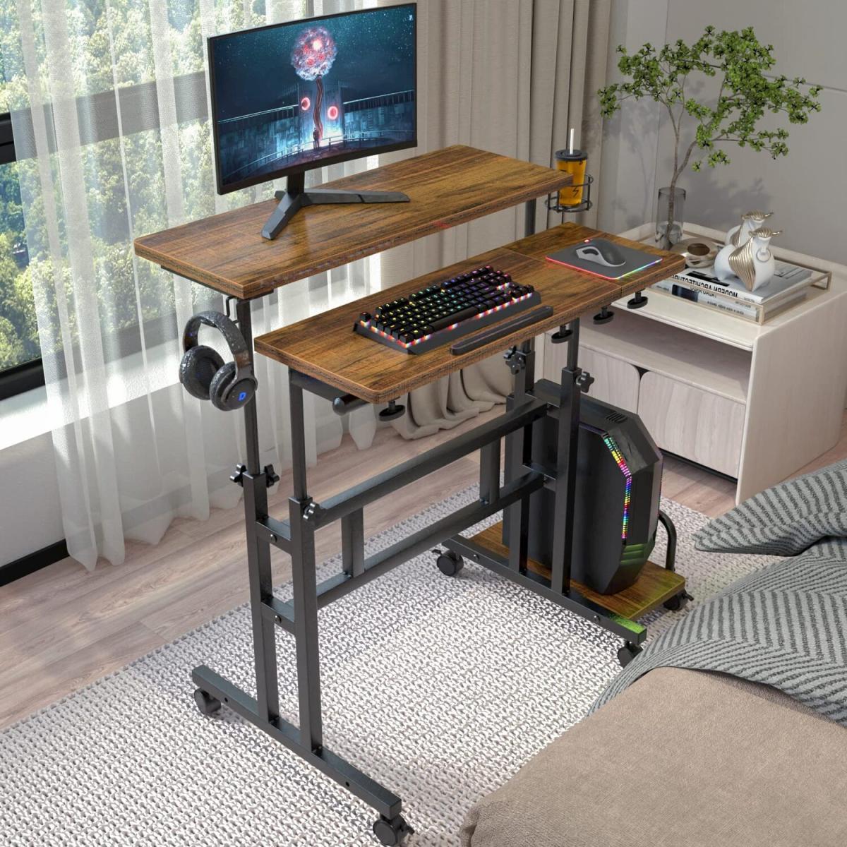 Height Adjustable Computer Desk on Wheels Home Office Workstation - brown – image 2