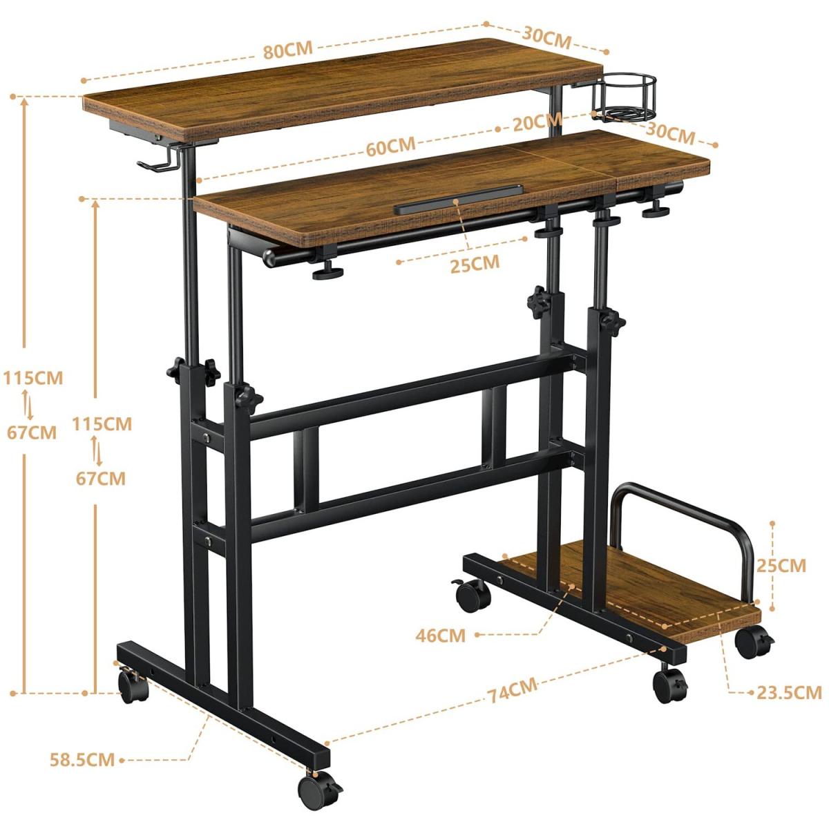 Height Adjustable Computer Desk on Wheels Home Office Workstation - brown – image 3